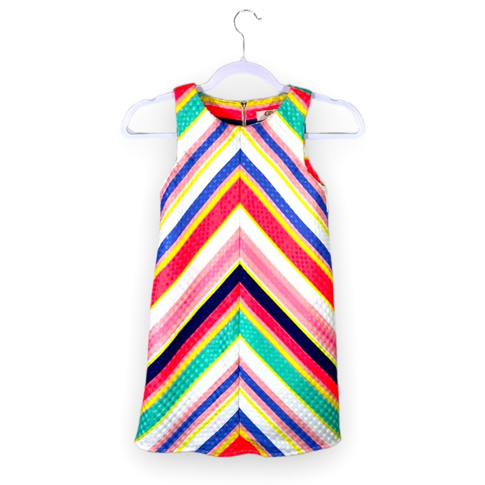 GB Girls Rainbow Striped A-Line Dress Size 7 Gold Zipper Back Party Lined